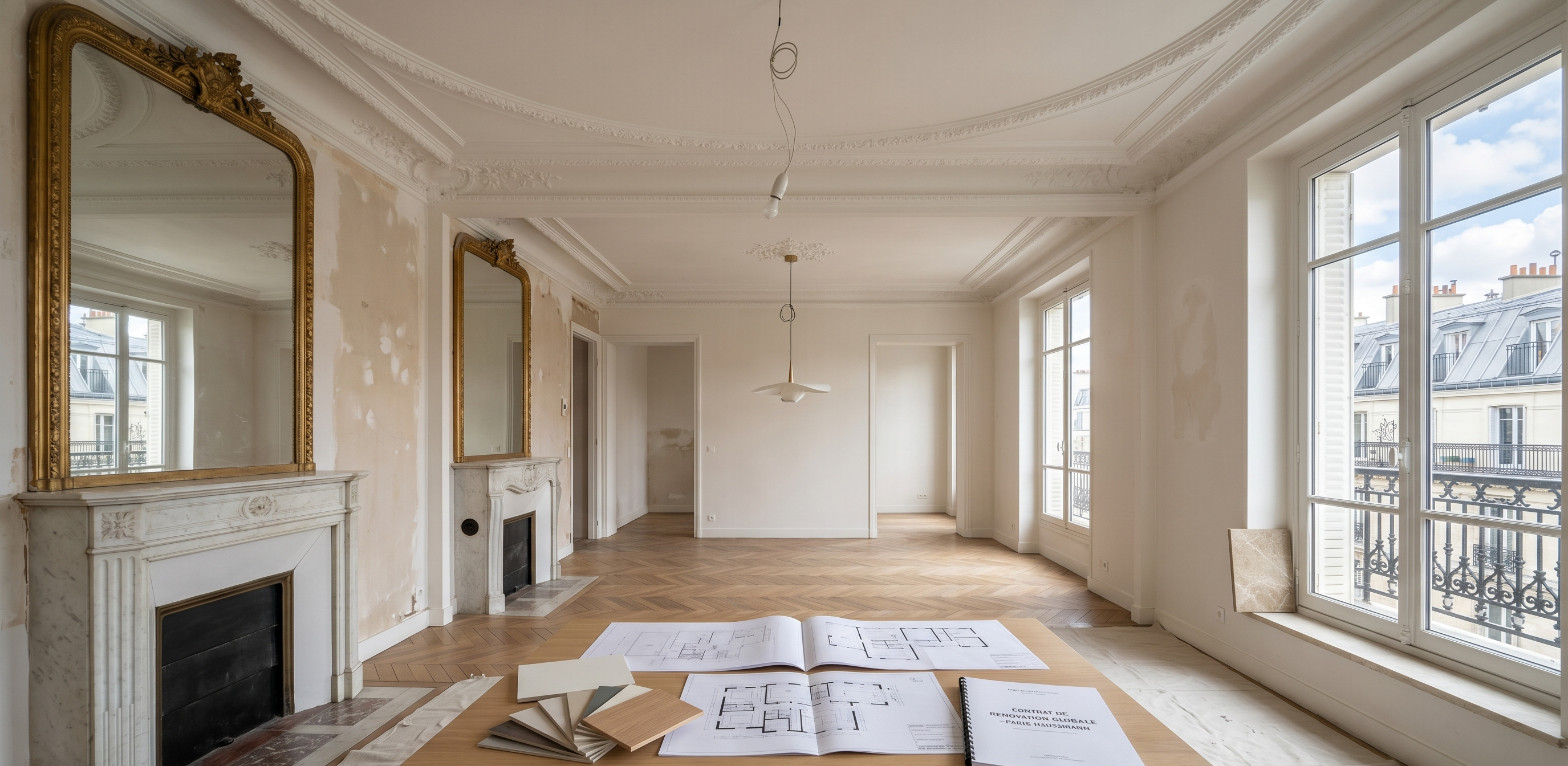 Travail d'une entreprise générale du bâtiment sur un chantier de rénovation parisien propre et organisé